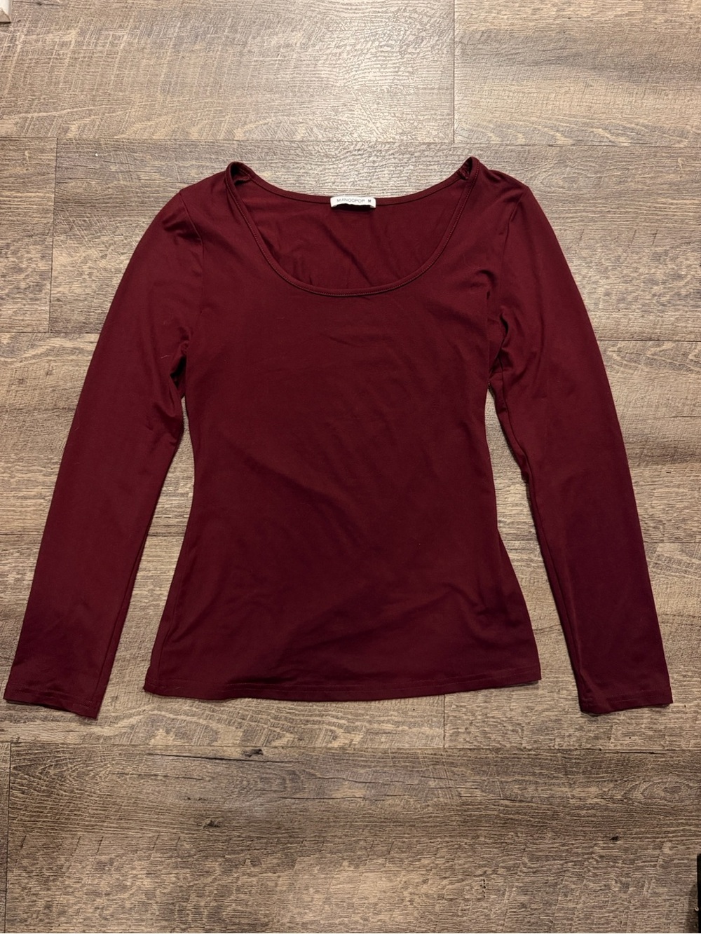 MANGOPOP Burgundy Fitted Scoop Neck Long Sleeve Top M